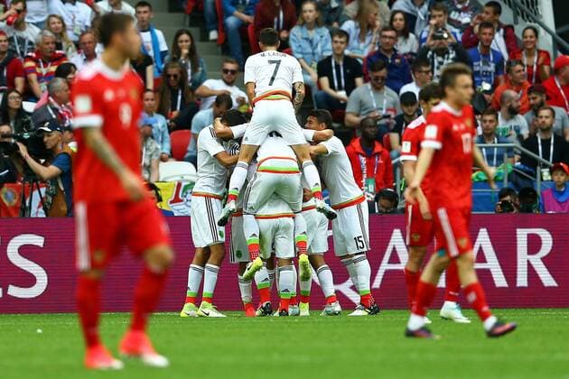 Mexico vs. Russia SAO PETERSBURGO, MO - 24.06.2017: MEXICO VS. RUSSIA - Mexico players celebrate goal during Mexico-Russia match valid for the third round of the 2017 Confederations Cup on Saturday (24) held at the Kazan Arena in Kazan, Russia. (Photo: Heuler Andrey DiaEsportivo Fotoarena) x1343507x  HeulerxAndrey