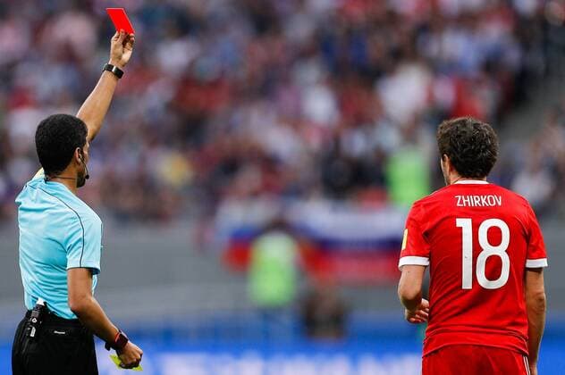 Mexico vs. Russia SAO PETERSBURGO, MO - 24.06.2017: MEXICO VS. RUSSIA - Referee Fahad AL MIRDASI kicks off ZHIRKOV Yury from Russia after a second yellow card during a match between Mexico and Russia valid for the third round of the 2017 Confederations Cup on Saturday (24) held Kazan Arena in Kazan, Russia. (Photo: Marcelo Machado de Melo Fotoarena) x1343571x  MarceloxMachadoxdexMelo