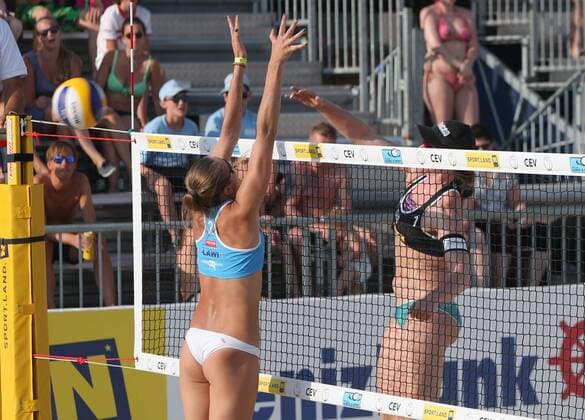 Beach volleyball Beachvolleyball - CEV EC 2017 BADEN,AUSTRIA,24.JUN.17 - BEACH VOLLEYBALL - CEV European Beach Volleyball Championships, ladies. Image shows Nadezka Makroguzova (RUS) and Julia Sude (GER). GEPAxpictures xChristianxOrt