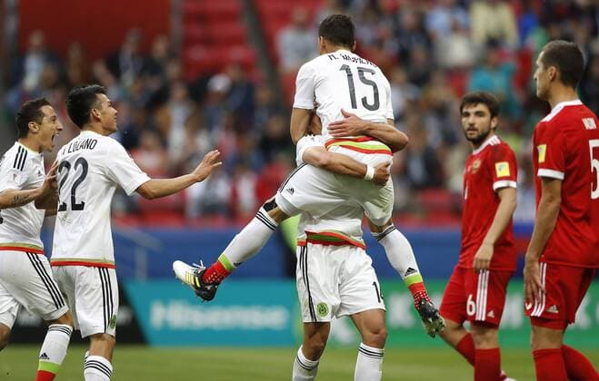 Mexico vs. Russia SAO PETERSBURGO, MO - 24.06.2017: MEXICO VS. RUSSIA - MORENO Hector of Mexico celebrates his goal with HERNANDEZ Javier during a match between Mexico and Russia valid for the third round of the Confederations Cup 2017 on Saturday (24) held at Kazan Arena Stadium in Kazan, Russia. (Photo: Rodolfo Buhrer La Imagem Fotoarena) x1343613x  RodolfoxBuhrer