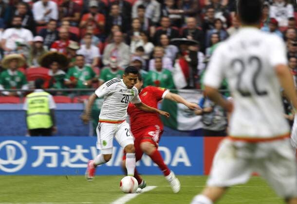 Mexico vs. Russia SAO PETERSBURGO, MO - 24.06.2017: MEXICO VS. RUSSIA - AQUINO Javier of Mexico plays host to Georgy DZHIKYA of Russia during a match between Mexico and Russia valid for the third round of the 2017 Confederations Cup on Saturday (24) held at the Kazan Arena Stadium in Kazan, Russia. (Photo: Rodolfo Buhrer La Imagem Fotoarena) x1343615x  RodolfoxBuhrer