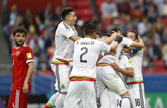 Mexico vs. Russia SAO PETERSBURGO, MO - 24.06.2017: MEXICO VS. RUSSIA - MORENO Hector of Mexico celebrates his goal with team-mates during a match between Mexico and Russia valid for the third round of the 2017 Confederations Cup on Saturday (24) held at the Kazan Arena Stadium in Kazan, Russia. (Photo: Rodolfo Buhrer La Imagem Fotoarena) x1343616x  RodolfoxBuhrer
