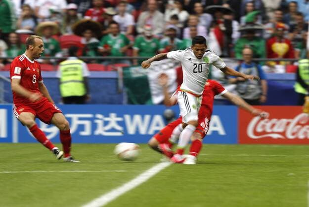 Mexico vs. Russia SAO PETERSBURGO, MO - 24.06.2017: MEXICO VS. RUSSIA - AQUINO Javier of Mexico plays host to Georgy DZHIKYA of Russia during a match between Mexico and Russia valid for the third round of the 2017 Confederations Cup on Saturday (24) held at the Kazan Arena Stadium in Kazan, Russia. (Photo: Rodolfo Buhrer La Imagem Fotoarena) x1343617x  RodolfoxBuhrer