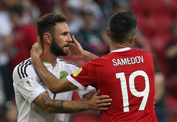 KAZAN, RUSSIA - JUNE 24, 2017: Mexico s Miguel Layun (L), and Russia s Alexander Samedov (19) in their 2017 FIFA Confederations Cup First Stage Group A football match at Kazan Arena Stadium; Mexico won the game 2-1. Yegor Aleyev TASS  TS054A37