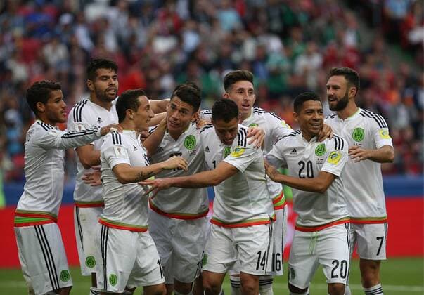 KAZAN, RUSSIA - JUNE 24, 2017: Mexico players celebrate their victory over Russia in their 2017 FIFA Confederations Cup First Stage Group A football match at Kazan Arena Stadium; Mexico won the game 2-1. Yegor Aleyev TASS  TS054A07