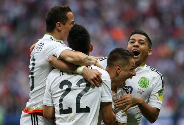 KAZAN, RUSSIA - JUNE 24, 2017: Mexico players celebrate their victory over Russia in their 2017 FIFA Confederations Cup First Stage Group A football match at Kazan Arena Stadium; Mexico won the game 2-1. Yegor Aleyev TASS  TS054A00