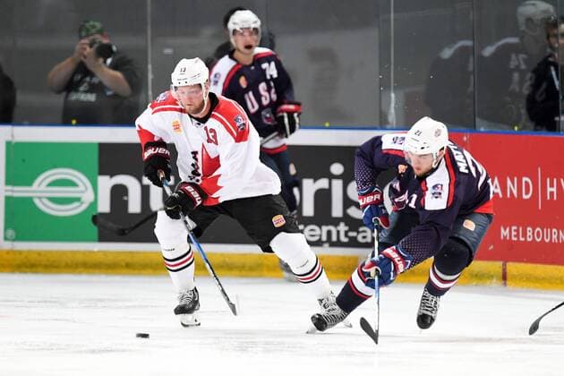 24th June 2017; Hisense Arena, Melbourne, Victoria, Australia; Hungry Jack International Ice hockey Eishockey challenge, Canada versus USA; Peter Holland of Canada and Steffan Matteau of the USA competing for possession xMorganxHancockx  ActionPlus11893840