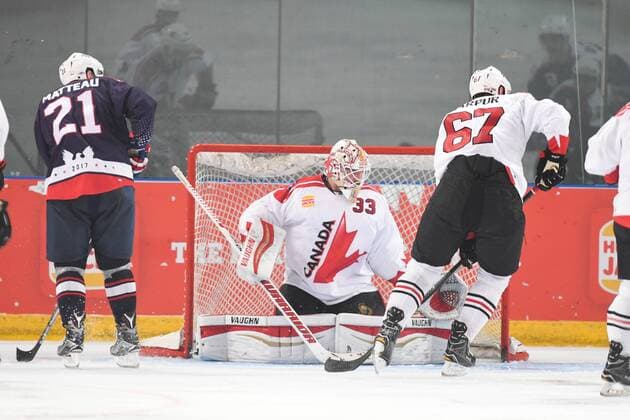 24th June 2017; Hisense Arena, Melbourne, Victoria, Australia; Hungry Jack International Ice hockey Eishockey challenge, Canada versus USA; Chris Driedger of Canada saves a shot on goal xMorganxHancockx  ActionPlus11893843