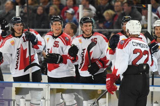 24th June 2017; Hisense Arena, Melbourne, Victoria, Australia; Hungry Jack International Ice hockey Eishockey challenge, Canada versus USA; Canada players celebrate after they scored a goal xMorganxHancockx  ActionPlus11893860