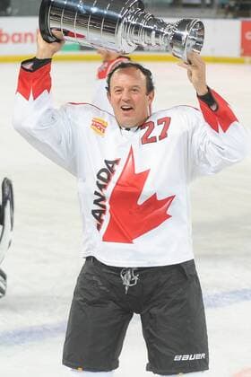 24th June 2017; Hisense Arena, Melbourne, Victoria, Australia; Hungry Jack International Ice hockey Eishockey challenge, Canada versus USA; Terry Yake of Canada holding aloft the trophy after Canada won the series xMorganxHancockx  ActionPlus11893876