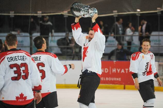 24th June 2017; Hisense Arena, Melbourne, Victoria, Australia; Hungry Jack International Ice hockey Eishockey challenge, Canada versus USA; Brett Ponich of Canada showing off the trophy after Canada won the two game series xMorganxHancockx  ActionPlus11893882