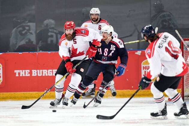 24th June 2017; Hisense Arena, Melbourne, Victoria, Australia; Hungry Jack International Ice hockey Eishockey challenge, Canada versus USA; Davis Vandane of Canada looking down the rink as he prepares to pass xMorganxHancockx  ActionPlus11893835