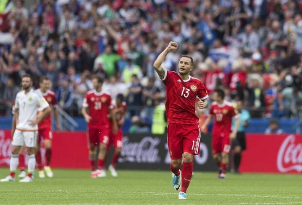 (170625) -- KAZAN, June 25, 2017 -- Fedor Kudriahov of Russia celebrates after his teammate Alexander Samedov scored during group A match between Russia and Mexico at the 2017 FIFA Confederations Cup in Kazan, Russia, on June 24, 2017. Mexico won 2-1. ) (SP)RUSSIA-KAZAN-FIFA-CONFED CUP-RUS VS MEX EvgenyxSinitsyn 