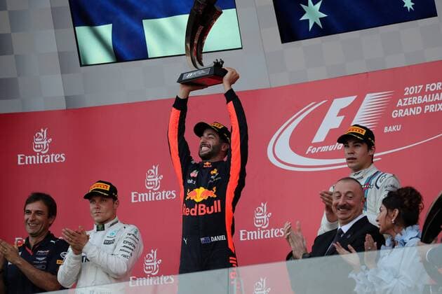 Azerbaijan Grand Prix, Baku 22 - 25 June 2017 25.06.2017 - Race, 1st place Daniel Ricciardo (AUS) Red Bull Racing RB13, 2nd place Valtteri Bottas (FIN) Mercedes AMG F1 W08 and 3rd place Lance Stroll (CDN) Williams FW40 