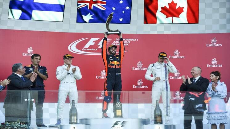 (170626)-- BAKU, June 26, 2017-- Red Bull s Australian driver Daniel Ricciardo (C) celebrates with his trophy during the award ceremony for the final race of the 2017 Formula 1 Azerbaijan Grand Prix in Baku, Azerbaijan, June 25, 2017. Ricciardo claimed the title of the event with 2:03:55.573. ) (SP)AZERBAIJAN-BAKU-F1-AZERBAIJAN GRAND PRIX TofiqxBabayev 