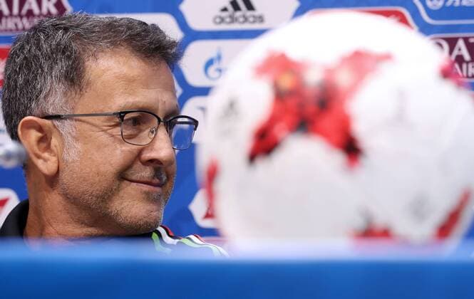 SOCHI, RUSSIA - JUNE 28, 2017: Head coach Juan Carlos Osorio of the Mexican national football team attends a press conference PK Pressekonferenz ahead of their 2017 FIFA Confederations Cup semi-final match against Germany. Artyom Korotayev TASS  TS055187