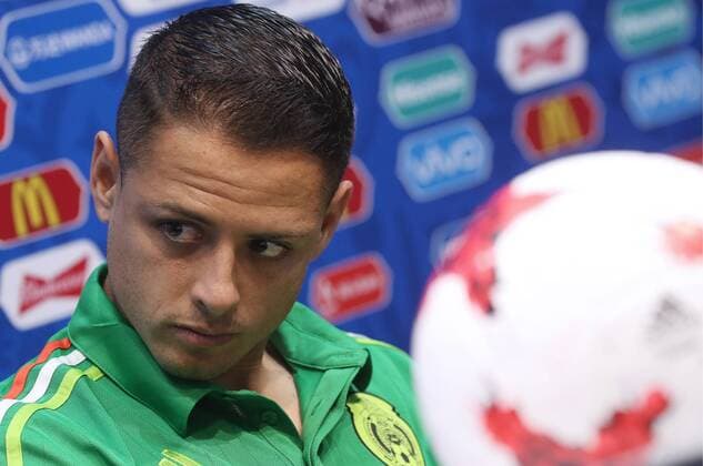 SOCHI, RUSSIA - JUNE 28, 2017: Javier Hernandez of the Mexican national football team looks on at a press conference PK Pressekonferenz ahead of their 2017 FIFA Confederations Cup semi-final match against Germany. Artyom Korotayev TASS  TS055189