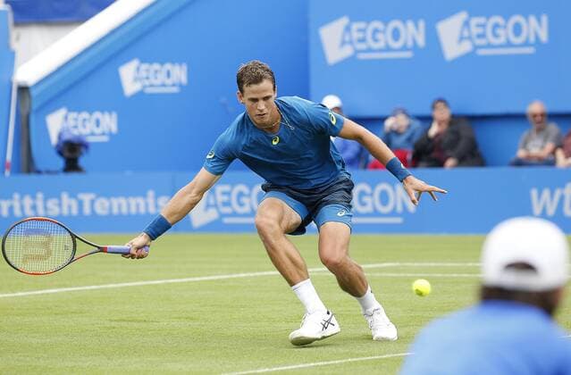 June 28th 2017, Devonshire Park, Eastbourne, England; Aegon International Eastbourne; ; Novak Djokovic (SRB) versus Vasek Pospisil (CAN); Pospisil hits a forehand; Djokovic won his 2nd round match 6-4 6-3 xHongboxChenx  ActionPlus11894960