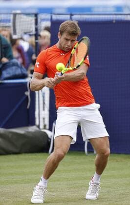 June 28th 2017, Devonshire Park, Eastbourne, England; Aegon International Eastbourne; ; Mischa Zverev (GER) versus Ryan Harrison (USA); Harrison hits a backhand; Zverev won the 1st round match 6-4 7-6 xHongboxChenx  ActionPlus11894991