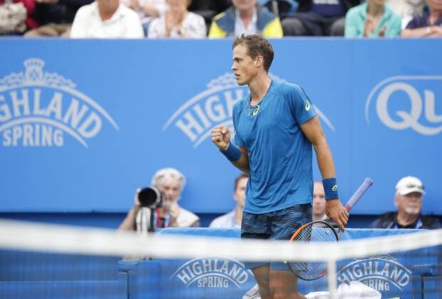 June 28th 2017, Devonshire Park, Eastbourne, England; Aegon International Eastbourne; ; Novak Djokovic (SRB) versus Vasek Pospisil (CAN); Pospisil shows emotion; Djokovic won his 2nd round match 6-4 6-3 xHongboxChenx  ActionPlus11894958