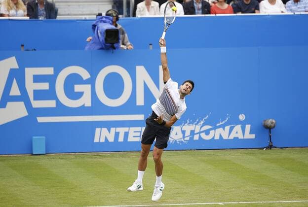 June 28th 2017, Devonshire Park, Eastbourne, England; Aegon International Eastbourne; ; Novak Djokovic (SRB) versus Vasek Pospisil (CAN); Djokovic serves as he won his 2nd round match 6-4 6-3 xHongboxChenx  ActionPlus11894982