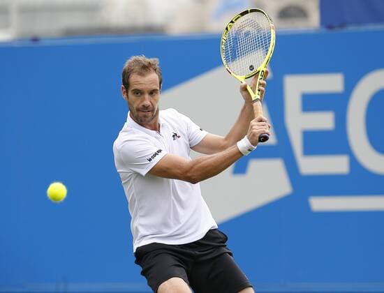 June 28th 2017, Devonshire Park, Eastbourne, England; Aegon International Eastbourne; Day 3; Richard Gasquet (FRA) versus Fances Tiafoe (USA); Gasquet hits a backhand; Gasquet won his 1st round match 5-7 7-6 6-3 xHongboxChenx  ActionPlus11895027