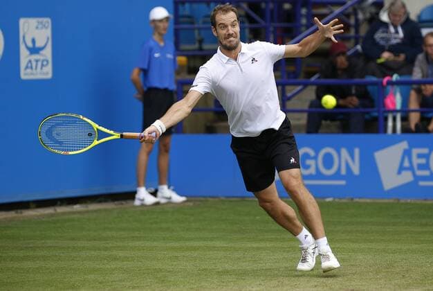 June 28th 2017, Devonshire Park, Eastbourne, England; Aegon International Eastbourne; Day 3; Richard Gasquet (FRA) versus Fances Tiafoe (USA); Gasquet hits a forehand; Gasquet won his 1st round match 5-7 7-6 6-3 xHongboxChenx  ActionPlus11895036