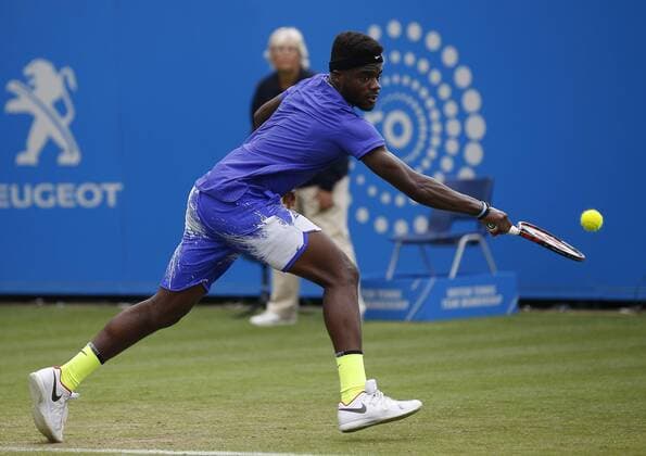 June 28th 2017, Devonshire Park, Eastbourne, England; Aegon International Eastbourne; Day 3; Richard Gasquet (FRA) versus Fances Tiafoe (USA); Tiafoe hits a backhand; Gasquet won his 1st round match 5-7 7-6 6-3 xHongboxChenx  ActionPlus11895037