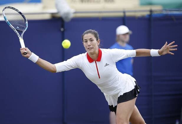 June 28th 2017, Devonshire Park, Eastbourne, England; Aegon International Eastbourne; Day 3; Garbine Muguruza (ESP) versus Barbora Strycova (CZE); Muguruza hits a forehand; Strycova won her 2nd round match 6-1 6-0 xHongboxChenx  ActionPlus11895060