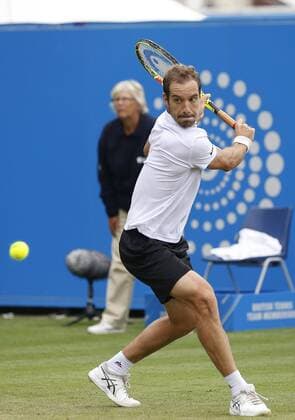 June 28th 2017, Devonshire Park, Eastbourne, England; Aegon International Eastbourne; Day 3; Richard Gasquet (FRA) versus Fances Tiafoe (USA); Gasquet hits a backhand; Gasquet won his 1st round match 5-7 7-6 6-3 xHongboxChenx  ActionPlus11895023