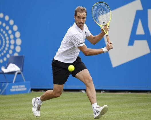 June 28th 2017, Devonshire Park, Eastbourne, England; Aegon International Eastbourne; Day 3; Richard Gasquet (FRA) versus Fances Tiafoe (USA); Gasquet hits a backhand; Gasquet won his 1st round match 5-7 7-6 6-3 xHongboxChenx  ActionPlus11895025