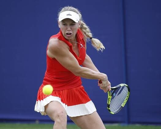 June 28th 2017, Devonshire Park, Eastbourne, England; Aegon International Eastbourne; Day 3; Caroline Wozniacki (DEN) versus Naomi Osaka (JPN); Wozniacki hits a backhand; Wozniacki won her 2nd round match 6-2 7-6 xHongboxChenx  ActionPlus11895046