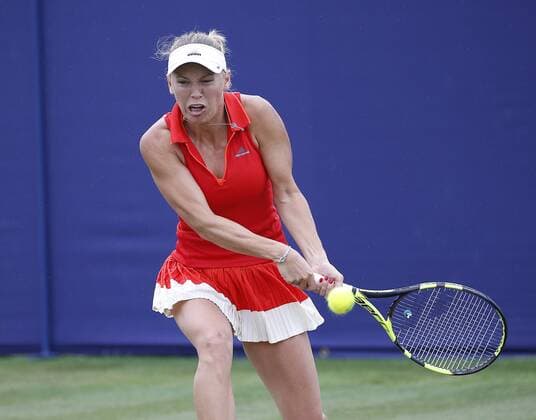 June 28th 2017, Devonshire Park, Eastbourne, England; Aegon International Eastbourne; Day 3; Caroline Wozniacki (DEN) versus Naomi Osaka (JPN); Wozniacki hits a backhand; Wozniacki won her 2nd round match 6-2 7-6 xHongboxChenx  ActionPlus11895051