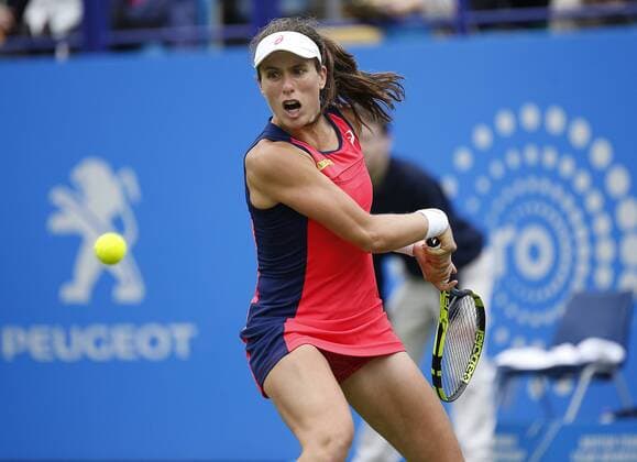 June 28th 2017, Devonshire Park, Eastbourne, England; Aegon International Eastbourne; Day 3; Sorana Cirstea (ROU) versus Johanna Konta (GBR); Konta hits a backhand; Konta won her 2nd round match 6-2 6-2 xHongboxChenx  ActionPlus11895068
