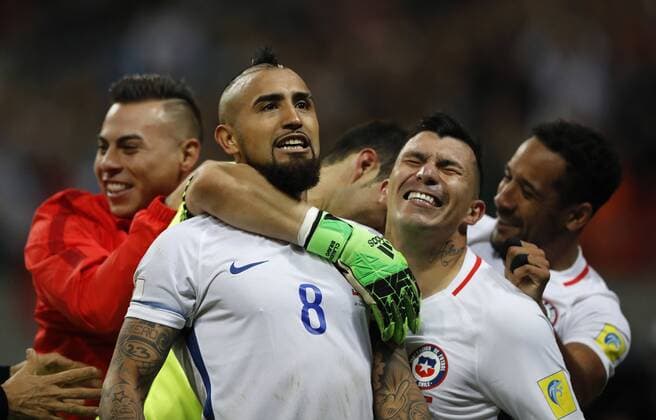 Portugal vs Chile KAZAN, RT - 28.06.2017: PORTUGAL VS CHILE - Arturo VIDAL of Chile celebrates with Gary Medel during a match between Portugal and Chile valid for the semifinals of the Confederations Cup 2017, held on Wednesday (28), held at Kazan Arena Stadium in Kazan, Russia. (Photo: Rodolfo Buhrer La Imagem Fotoarena) x1346610x  RodolfoxBuhrer