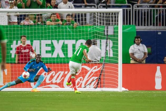 June 28, 2017: Mexico midfielder Elas Hernndez (11) scores a penalty kick past Ghana goalkeeper Richard Ofori (1) during the 1st half of an international soccer friendly match between Mexico and Ghana at NRG Stadium in Houston, TX. .. CSM Soccer 2017: Ghana vs Mexico JUN 28 - ZUMAc04_ 20170628_zaf_c04_007 Copyright: xTraskxSmithx