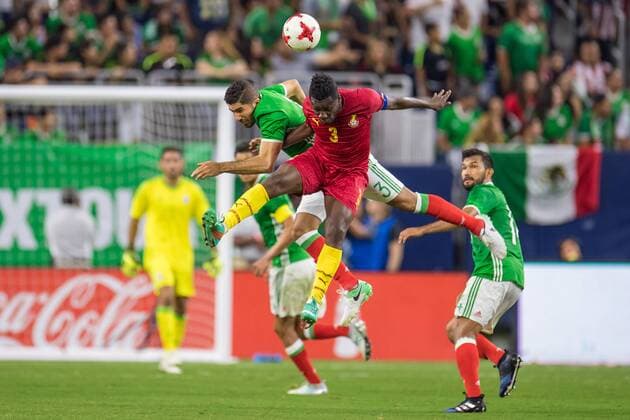 June 28, 2017: Mexico defender Jair Pereira (3) and Ghana forward Asamoah Gyan (3) battle for a header during the 2nd half of an international soccer friendly match between Mexico and Ghana at NRG Stadium in Houston, TX. Mexico won the game 1-0... CSM Soccer 2017: Ghana vs Mexico JUN 28 - ZUMAc04_ 20170628_zaf_c04_021 Copyright: xTraskxSmithx