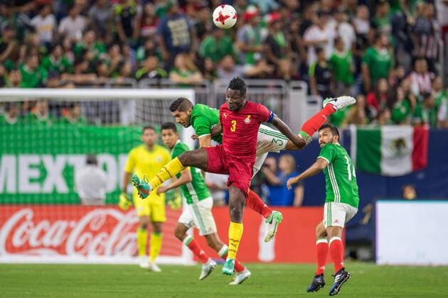 June 28, 2017: Mexico defender Jair Pereira (3) and Ghana forward Asamoah Gyan (3) battle for a header during the 2nd half of an international soccer friendly match between Mexico and Ghana at NRG Stadium in Houston, TX. Mexico won the game 1-0... CSM Soccer 2017: Ghana vs Mexico JUN 28 - ZUMAc04_ 20170628_zaf_c04_020 Copyright: xTraskxSmithx