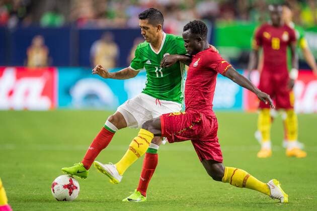 June 28, 2017: Mexico midfielder Elias Hernandez (11) and Ghana midfielder Mohammed Abu (6) fight for the ball during the 2nd half of an international soccer friendly match between Mexico and Ghana at NRG Stadium in Houston, TX. Mexico won the game 1-0... CSM Soccer 2017: Ghana vs Mexico JUN 28 - ZUMAc04_ 20170628_zaf_c04_038 Copyright: xTraskxSmithx