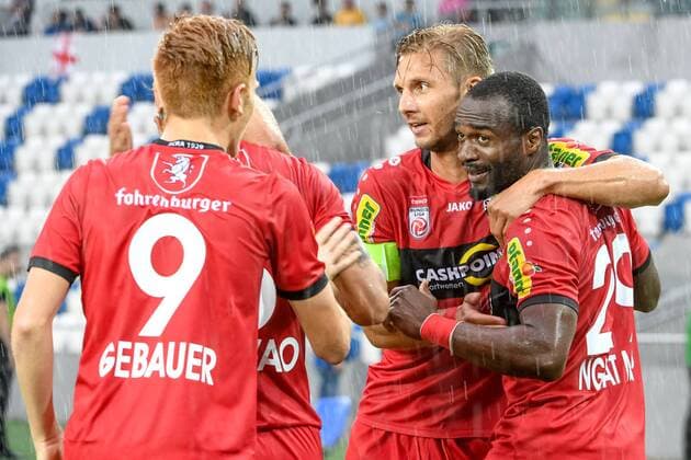 SOCCER - UEFA EL quali, Chikhura vs Altach TBILISI,GEORGIA,29.JUN.17 - SOCCER - UEFA Europa League qualification, FC Chikhura Sachkhere vs SCR Altach. Image shows the rejoicing of Christian Gebauer, Philipp Netzer and Louis Clement Ngwat Mahop (Altach). GEPAxpictures xOliverxLerch
