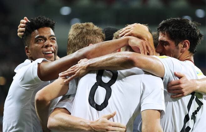 SOCHI, RUSSIA - JUNE 29, 2017: Germany s players celebrate scoring in their 2017 FIFA Confederations Cup semifinal football match against Mexico at Fisht Stadium. Artyom Korotayev TASS  TS0557C5