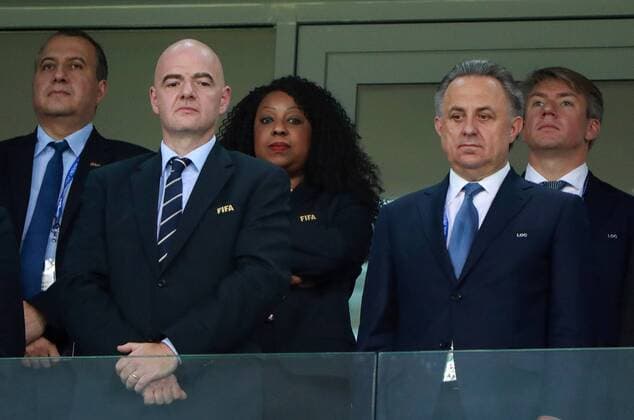 SOCHI, RUSSIA - JUNE 29, 2017: FIFA President Gianni Infantino, Russia s Deputy Prime Minister, President of the Russian Football Union, Vitaly Mutko (L-R front), Russia 2018 Local Organizing Committee CEO Alexei Sorokin (R back), FIFA Secretary General Fatma Samoura (C back) watch the the 2017 FIFA Confederations Cup semifinal football match between Germany and Mexico at Fisht Stadium. Sergei Fadeichev TASS  TS0557E2
