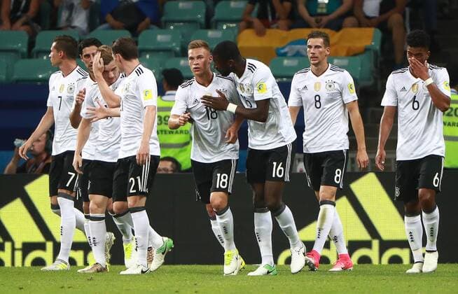 SOCHI, RUSSIA - JUNE 29, 2017: Germany s players celebrate scoring in their 2017 FIFA Confederations Cup semifinal football match against Mexico at Fisht Stadium. Sergei Fadeichev TASS  TS0557E3
