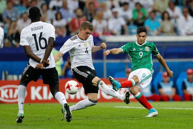 Germany vs Mexico SOCHI, SC - 29.06.2017: GERMANY VS MEXICO - JIMENEZ Raul of Mexico risks kicking during a match between Germany and Mexico valid for the semifinals of the 2017 Confederations Cup on Thursday (29th), held at the Olympic Stadium in Sochi, Russia (Photo: Marcelo Machado de Melo Fotoarena) x1347387x  MarceloxMachadoxdexMelo