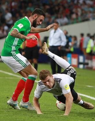 SOCHI, RUSSIA - JUNE 29, 2017: Mexico s Miguel Layun (L) and Germany s Timo Werner fight for the ball in their 2017 FIFA Confederations Cup semifinal football match at Fisht Stadium. Sergei Fadeichev TASS  TS055833
