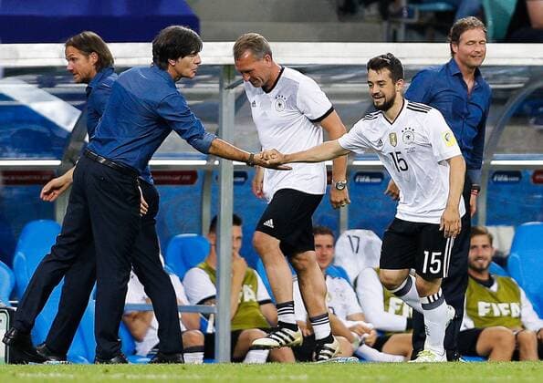 Germany vs Mexico SOCHI, SC - 29.06.2017: GERMANY VS MEXICO - YOUNES Germany& Amin celebelebrates after scoring a goal with LOEW Joachim Germany coach during a match between Germany and Mexico valid for the semifinals of the 2017 FIFA Confederations Cup on Thursday (29th) held at the Olympic Stadium in Sochi, Russia (Photo: Marcelo Machado de Melo Fotoarena) x1347441x  MarceloxMachadoxdexMelo