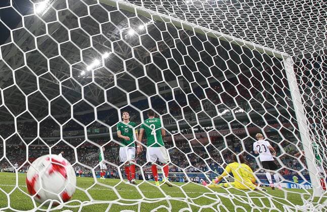 SOCHI, RUSSIA - JUNE 29, 2017: Mexico s goalkeeper Guillermo Ochoa concedes a goal in the 2017 FIFA Confederations Cup semifinal football match against Germany at Fisht Stadium. Germany won the game 4-1. Sergei Fadeichev TASS  TS055850