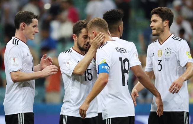 SOCHI, RUSSIA - JUNE 29, 2017: Germany s players celebrate their victory in their 2017 FIFA Confederations Cup semifinal football match against Mexico at Fisht Stadium. Germany won the game 4-1. Artyom Korotayev TASS  TS055851