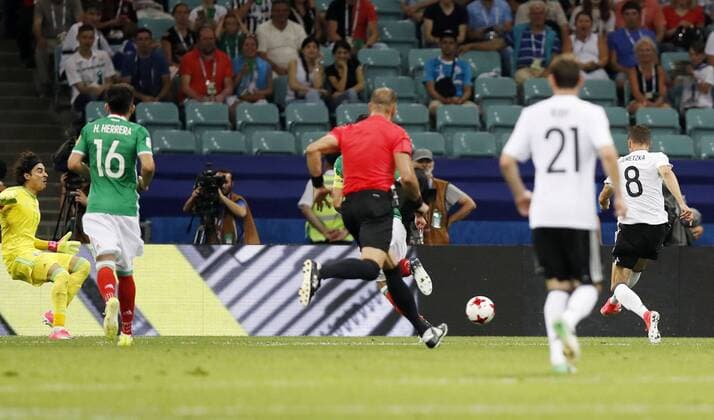 Soccer: Germany set up Confederations Cup final with Chile Leon Goretzka (8) scores his second goal during the first half of Germany s 4-1 win over Mexico in their Confederations Cup semifinal in Sochi, Russia, on June 29, 2017. Germany will face Chile in the July 2 final. 
