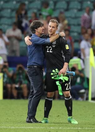 (170630) -- SOCHI, June 30, 2017 -- Joachim Loew (L), head coach of Germany, hugs goalkeeper Marc-Andre Ter Stegen after winning the semifinal match of the 2017 FIFA Confederations Cup against Mexico in Sochi, Russia, June 29, 2017. Germany won 4-1. ) (SP)RUSSIA-SOCHI-2017 FIFA CONFEDERATIONS CUP-SEMIFINAL-GER VS MEX XuxZijian 